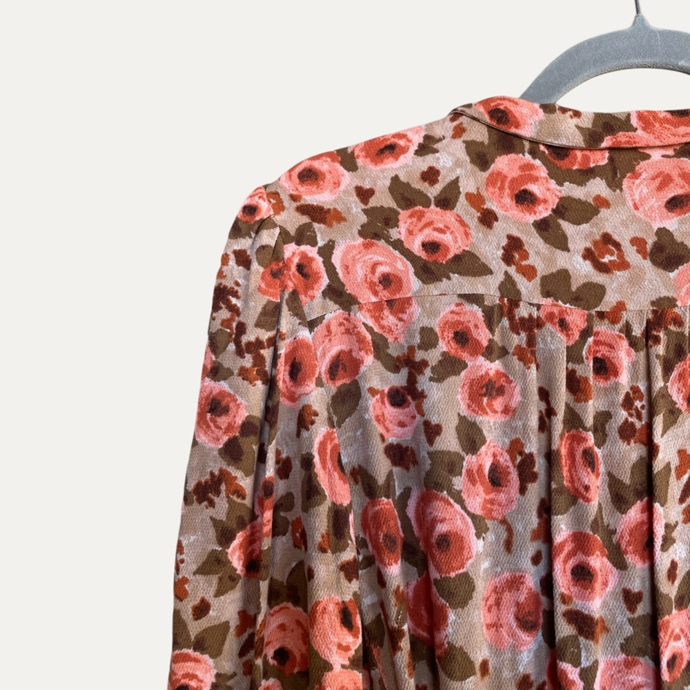 ROUJE Pink Tan Classic Retro Floral Printed Tea Rose Louisa Midi Wrap Dress 4/6 - Picture 4 of 14